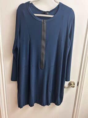 Sun Kim Navy Zip-Front Tunic Dress. Loose fit with pockets. Size XL EUC